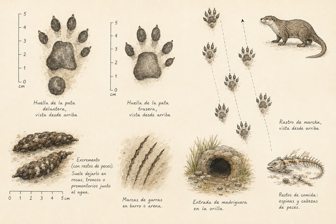 Huellas y rastros de Nutria paleártica